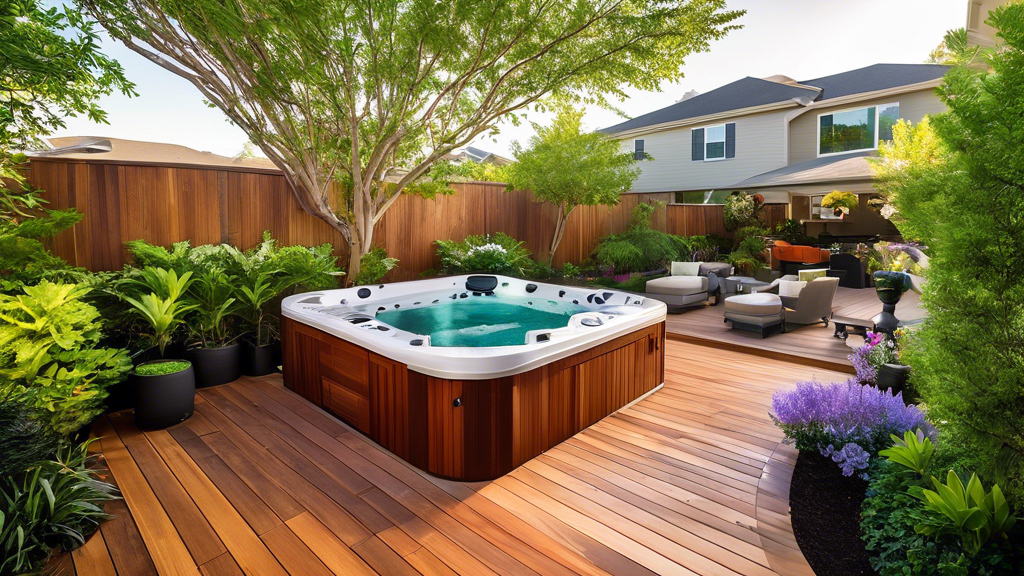 Jacuzzi extérieur sur terrasse en bois avec mobilier de jardin et plantes.