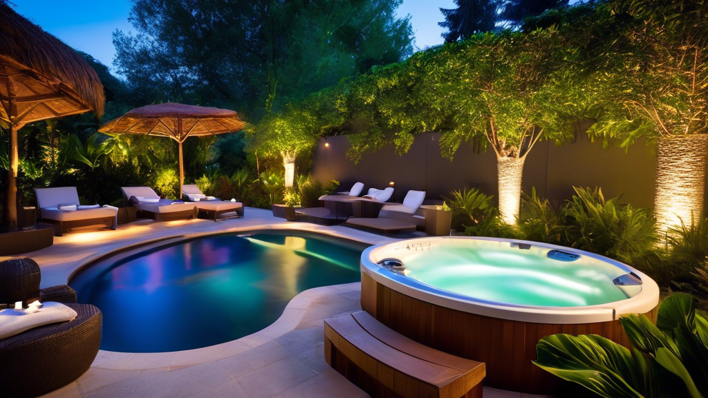 Luxury spa and pool in a serene garden at twilight.