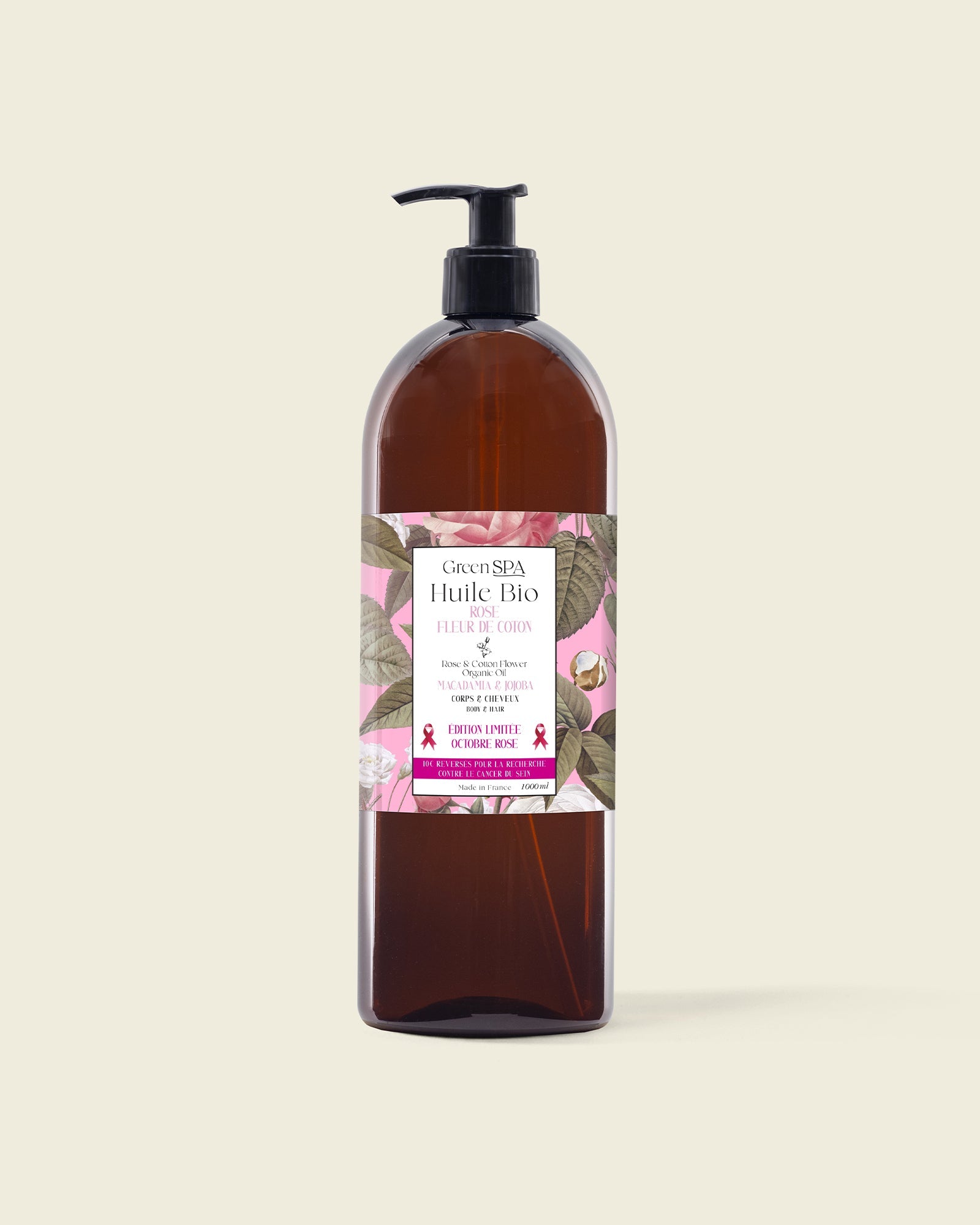 Huile Bio Rose Fleur de Coton 1L - Edition Limitée Octobre Rose - 10€ reversés pour la recherche contre le cancer du sein